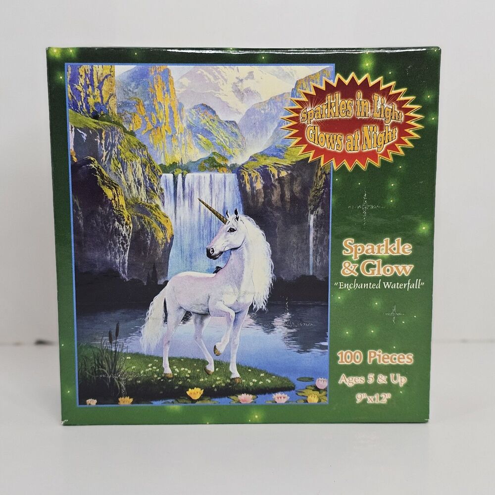Meiklejohn Graphics 100pc "Enchanted Waterfall" Unicorn Puzzle, Sparkle/Glow Vtg